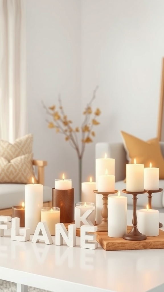 A cozy candle arrangement with various candles on a table, surrounded by decorative elements.