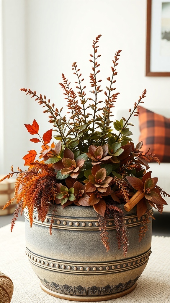 A cozy planter filled with autumnal foliage and cinnamon sticks, creating a warm holiday feel.