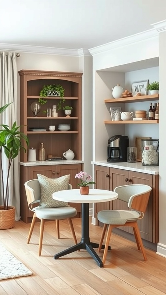 A cozy coffee nook featuring a small round table, two chairs, wooden cabinetry, and a coffee maker.