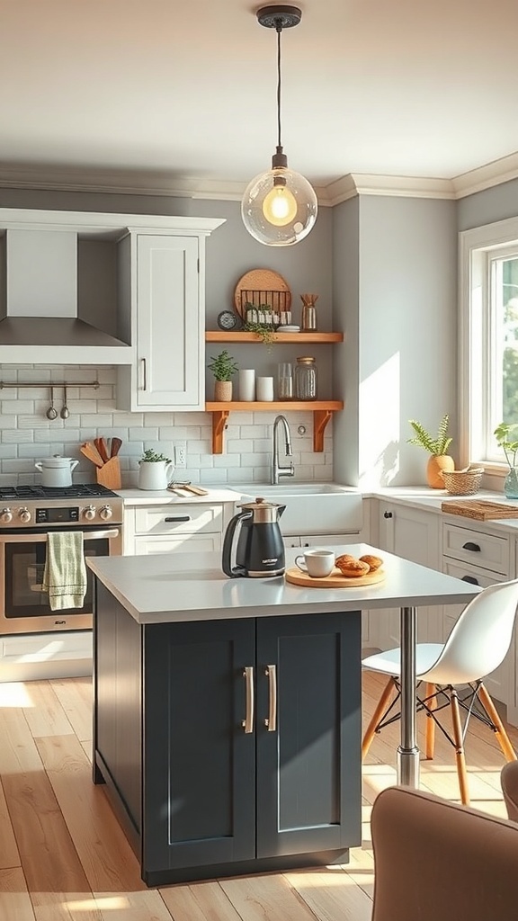 A cozy kitchen nook with a stylish island, coffee pot, and pastries, brightened by a pendant light.