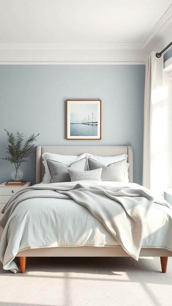 A cozy small master bedroom with soft blue walls, a neatly made bed with light linens, and a small plant on the nightstand.