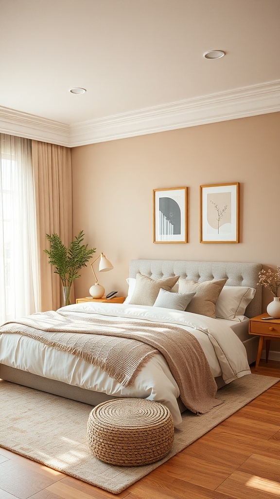 A cozy bedroom with beige walls, warm wood floors, and soft bedding.
