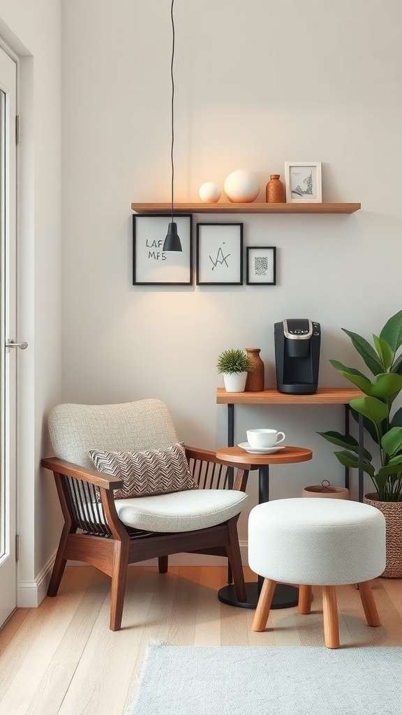 Cozy coffee nook with a chair, side table, coffee maker, and decorative shelf.