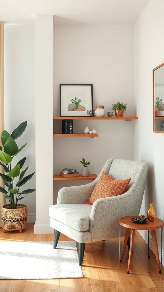 A cozy coffee nook featuring a comfortable chair, side table, and decorative shelves with plants.