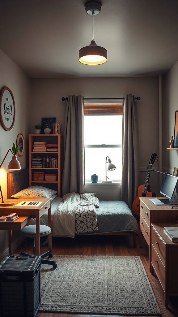 A cozy teen bedroom with a desk, guitar, and bookshelves, creating a perfect corner for hobbies.