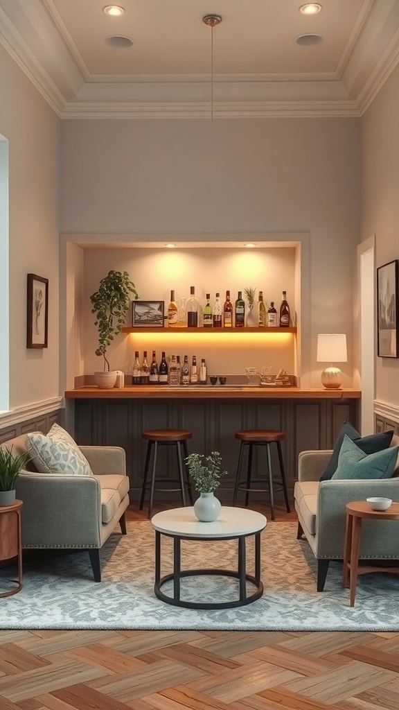 A cozy corner nook featuring a small bar, comfortable seating, and warm lighting.