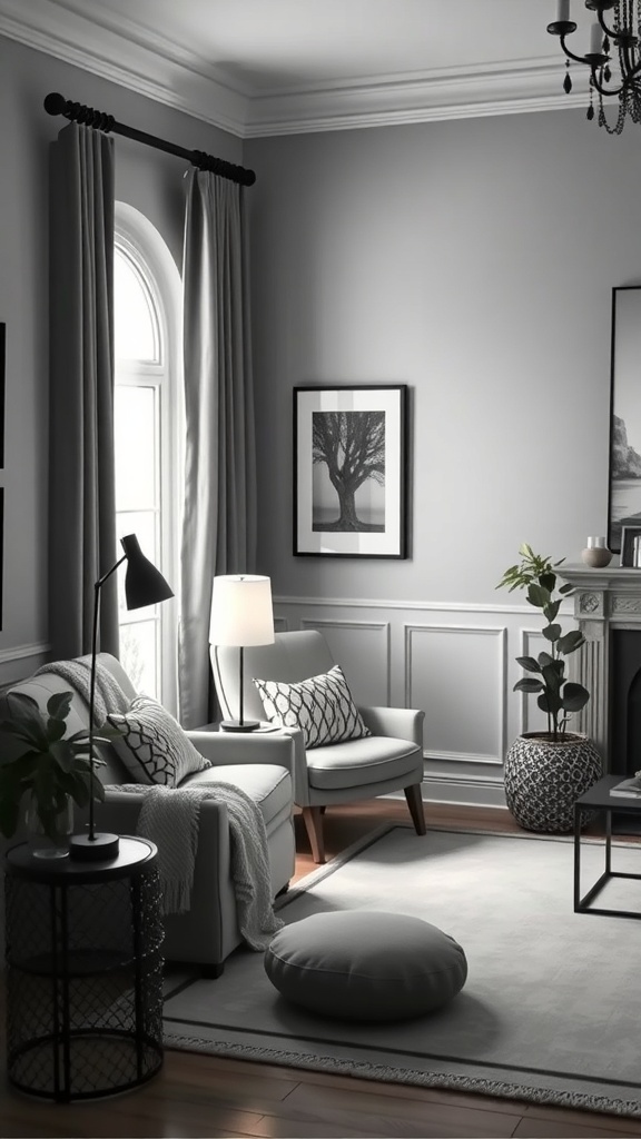 Cozy black and white living room corner with armchair, lamp, and decorative elements.