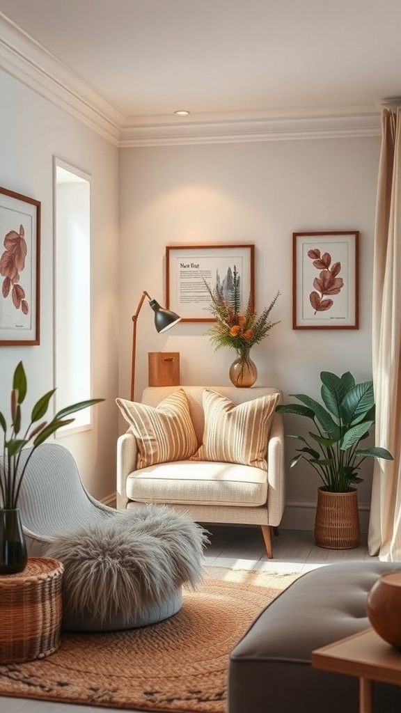 A cozy corner nook in a lounge room featuring a comfortable chair, decorative pillows, plants, and art on the walls.