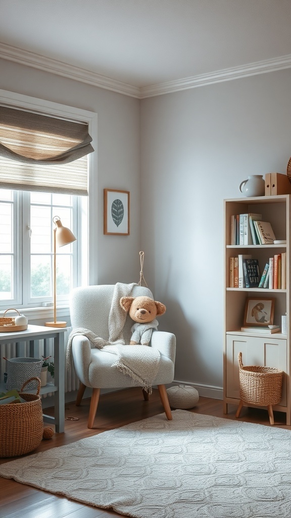 A cozy reading nook in a nursery with a soft armchair, a small lamp, and a bookshelf filled with children's books.