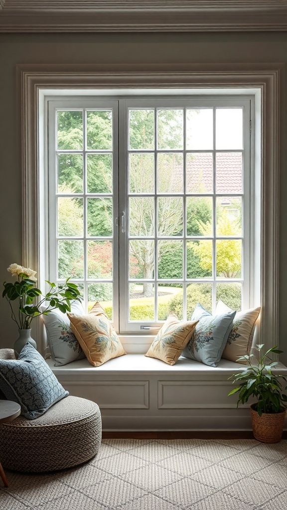 Cozy window seat with pillows and plants