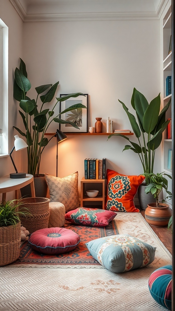 A cozy reading nook with colorful floor cushions, plants, and bookshelves.