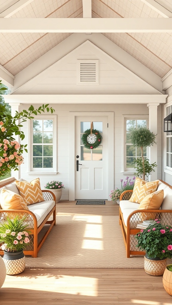 Cozy cottage porch with seating and floral decorations