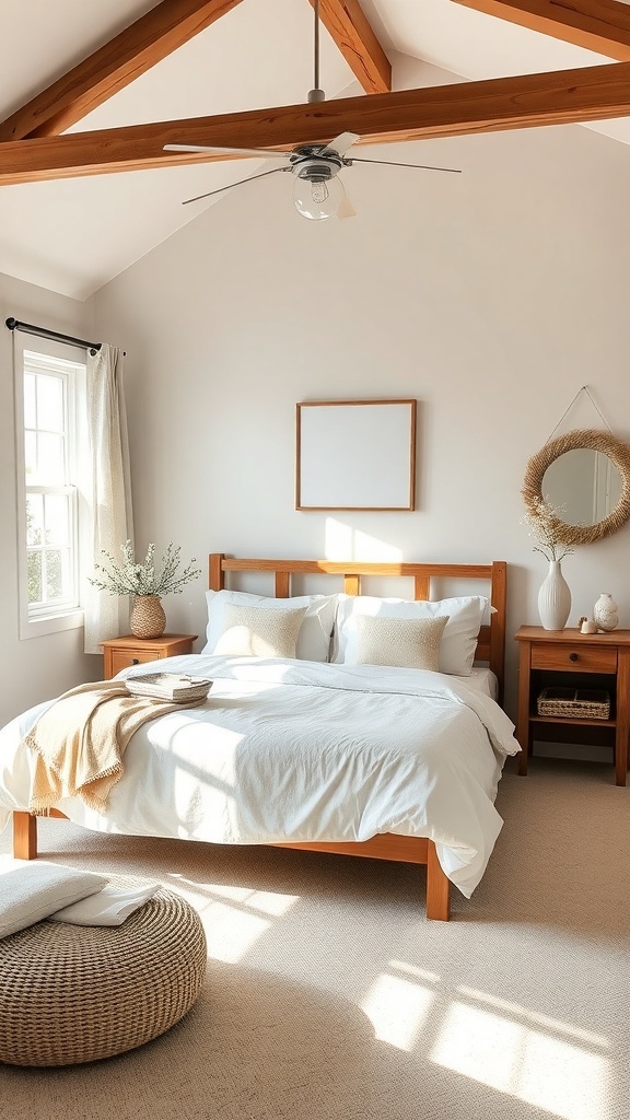 Cozy cottage bedroom with wooden beams, white linens, and natural light