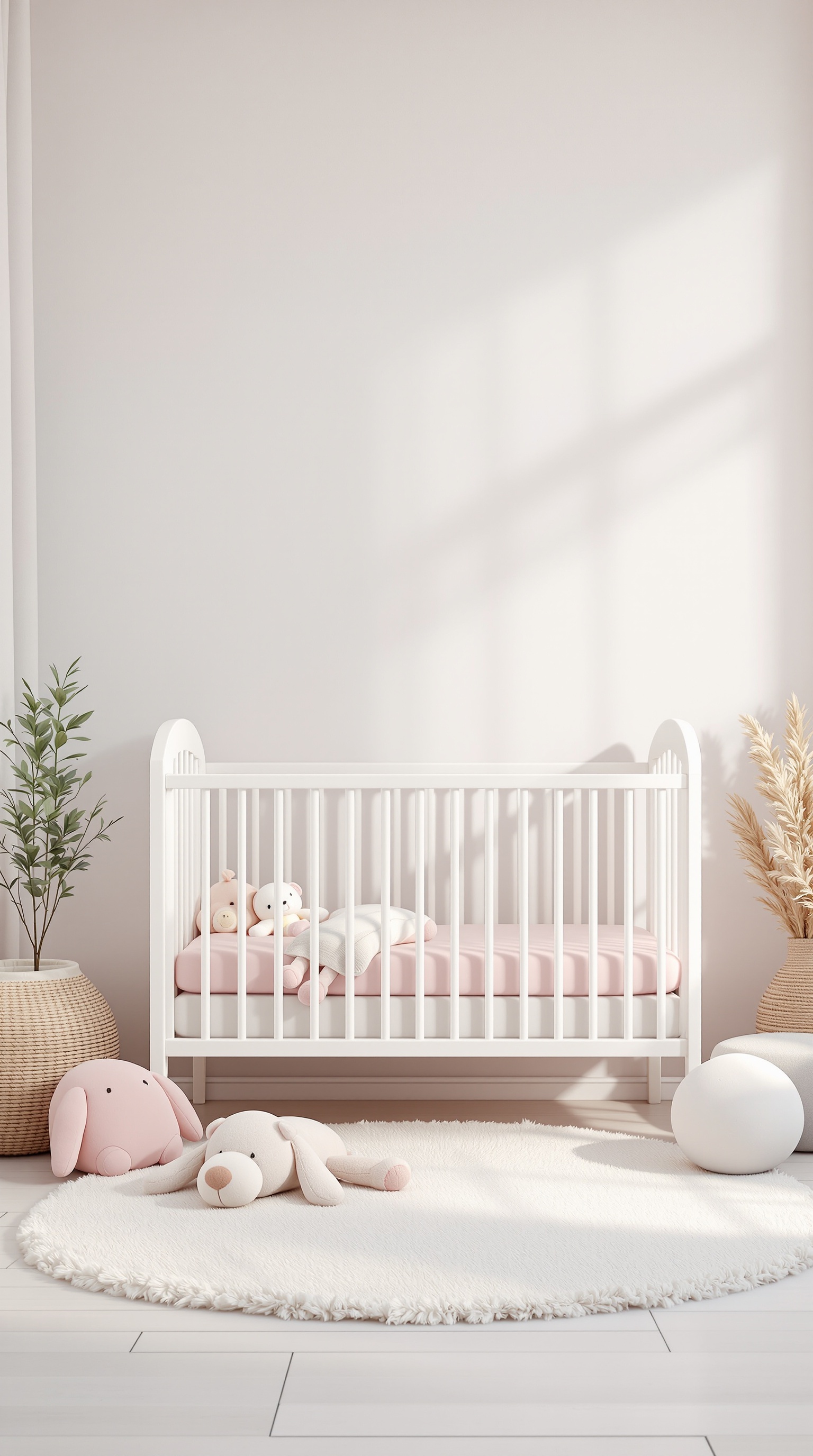 A cozy baby crib with a pink mattress, surrounded by soft toys and a fluffy rug.