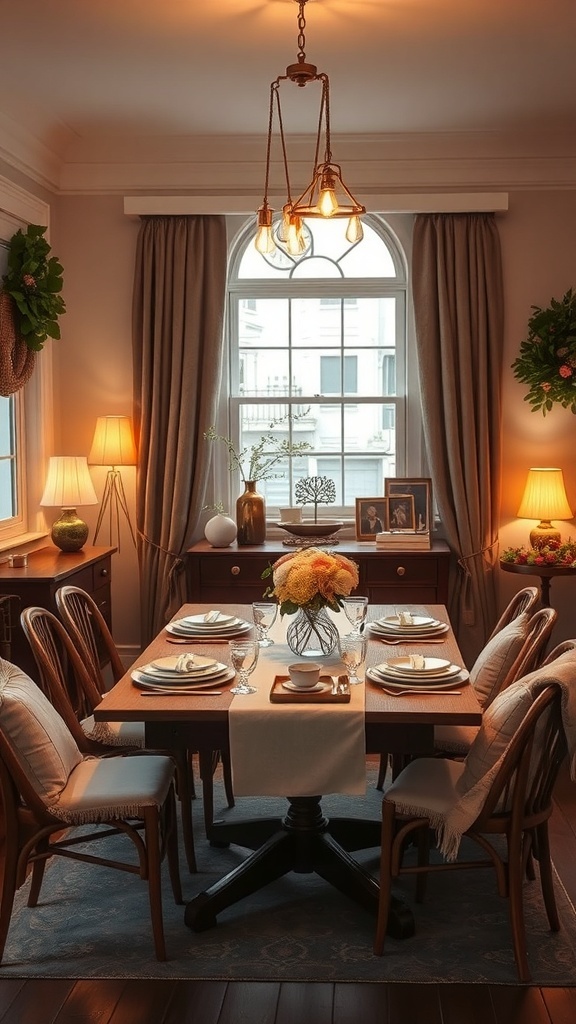 A cozy dining setup featuring a wooden table with floral centerpiece, elegant tableware, and warm lighting.