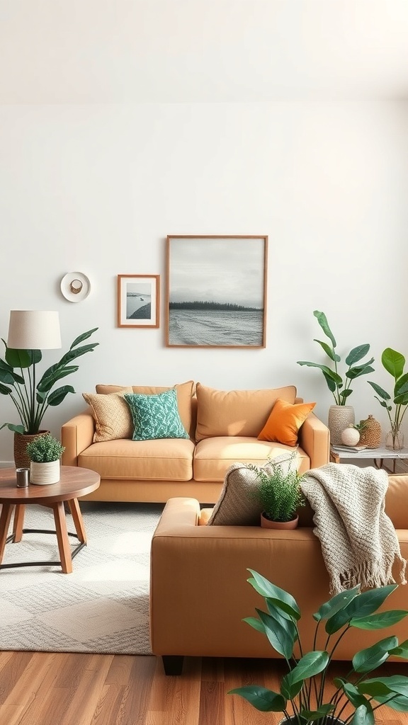 Cozy living room featuring a tan couch, colorful pillows, plants, and wall art.