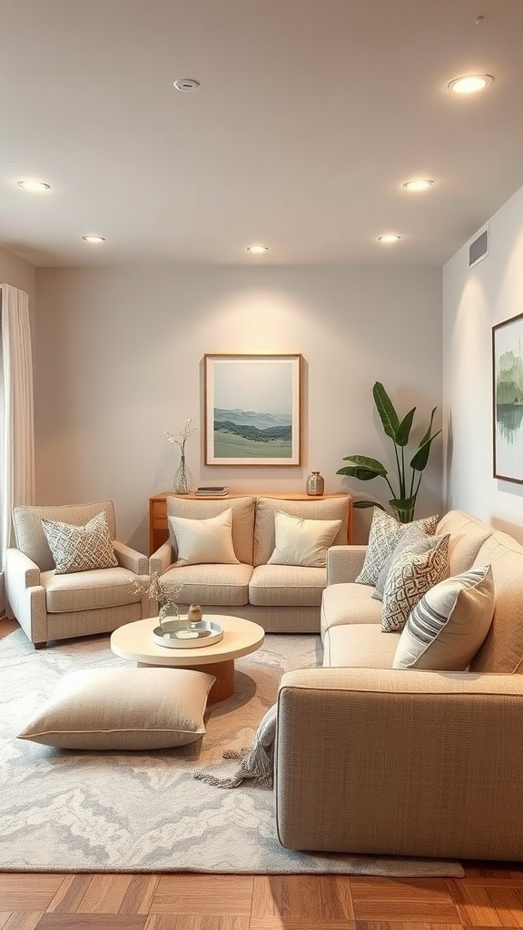 Cozy family lounge with soft textiles, light-colored furniture, and a warm atmosphere.