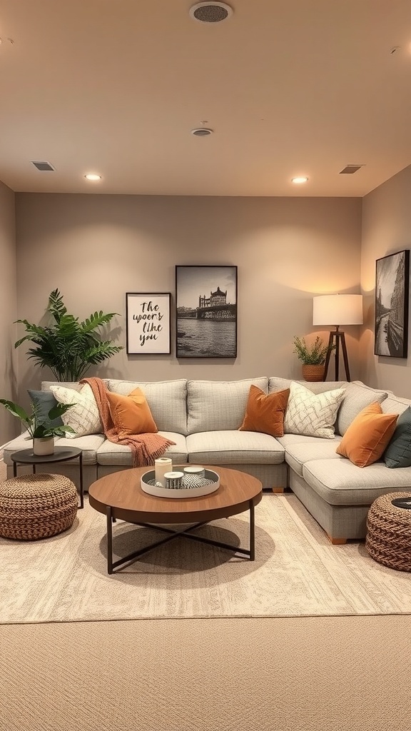 A cozy family lounge featuring a sectional sofa with colorful cushions, a round coffee table, woven poufs, and green plants.