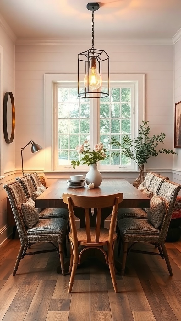 A cozy farmhouse dining nook with a wooden table, cushioned chairs, and a pendant light.