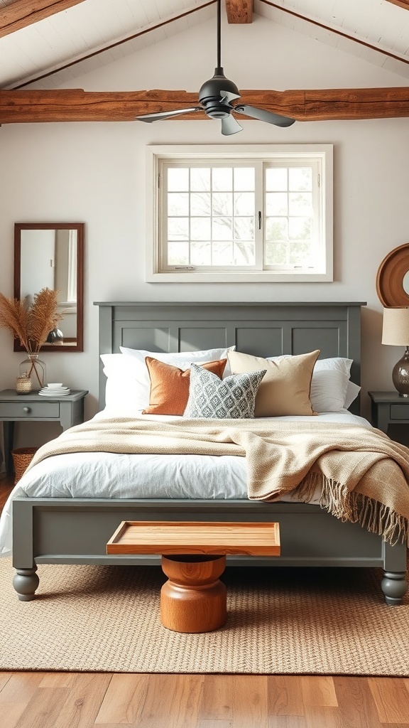 Cozy farmhouse bedroom featuring a grey bed frame with decorative pillows and a soft throw blanket.