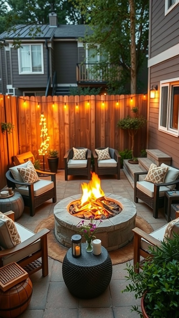 Cozy fire pit area with seating and warm lighting in a small backyard