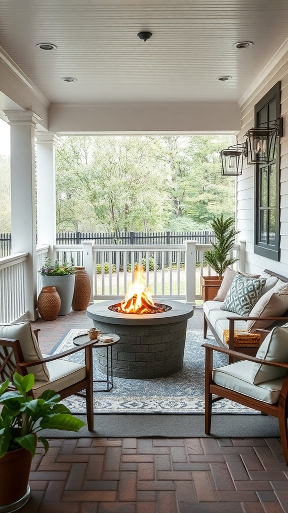 Cozy porch with a fire pit, chairs, and plants