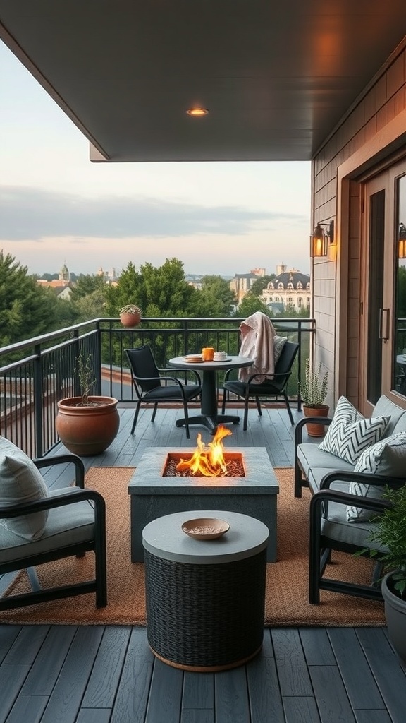 A cozy balcony featuring a fire pit, comfortable seating, and plants, perfect for relaxation.