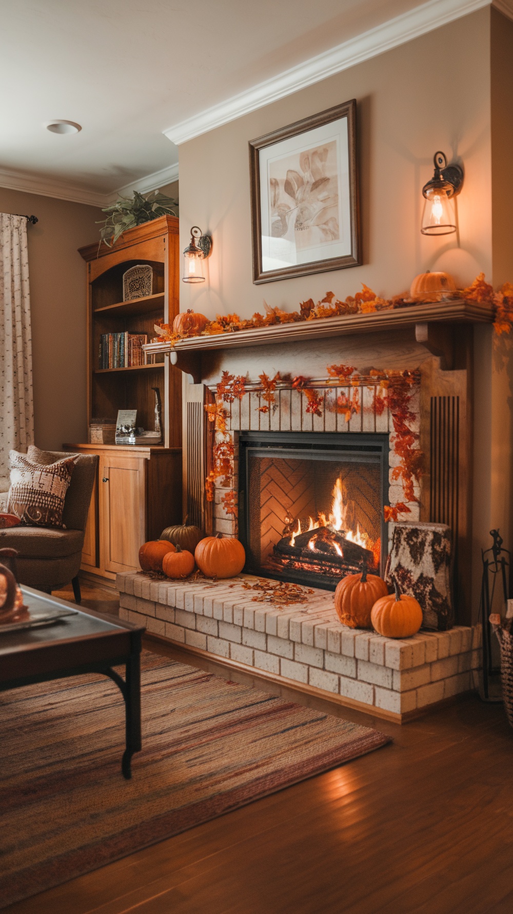 A cozy fireplace decorated with pumpkins and autumn leaves, creating a warm atmosphere.