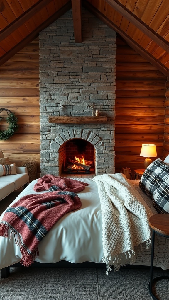 A cozy cabin bedroom featuring a stone fireplace, warm blankets, and rustic decor.