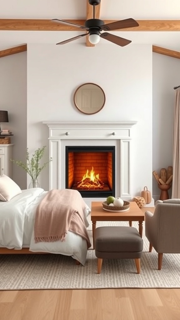 A modern farmhouse bedroom featuring a cozy fireplace, soft bedding, and a warm color palette.