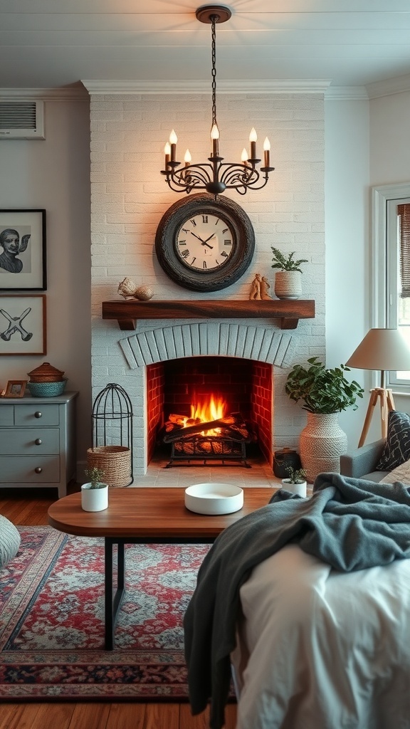 Cozy vintage farmhouse bedroom with a fireplace, clock, and decorative items.