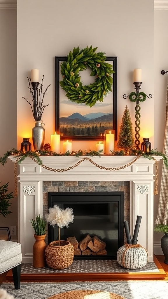 Cozy fireplace mantel decorated for winter with a wreath, candles, and potted plants.