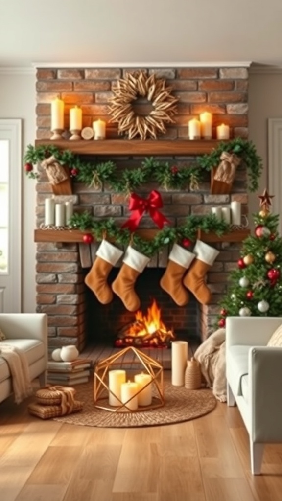 A cozy fireplace setup decorated for Christmas with stockings, candles, and a Christmas tree.