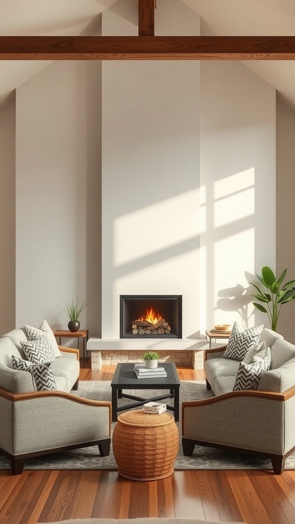 A cozy apartment with two chairs facing a fireplace, a coffee table, and a woven pouf.
