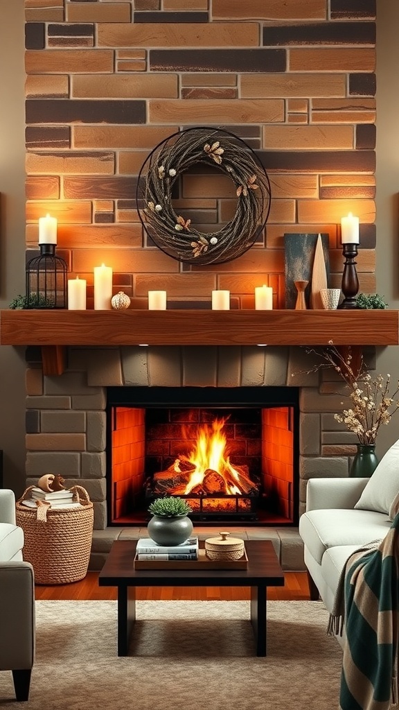 A cozy rustic fireplace with a stone mantel, candles, and a decorative wreath, creating a warm atmosphere.