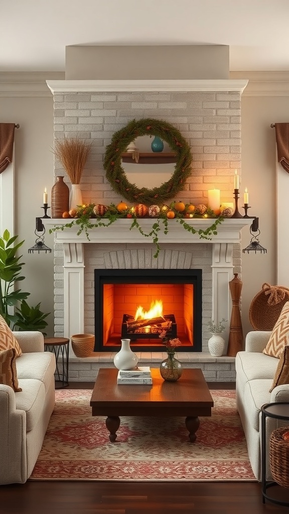A cozy fireplace in a modern rustic living room with a brick surround, seasonal decorations, and comfortable seating.