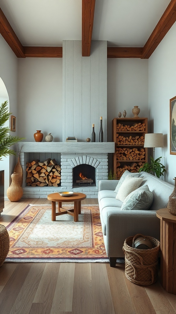 A cozy living room featuring a fireplace with stacked firewood, a comfortable sofa, and warm decor.