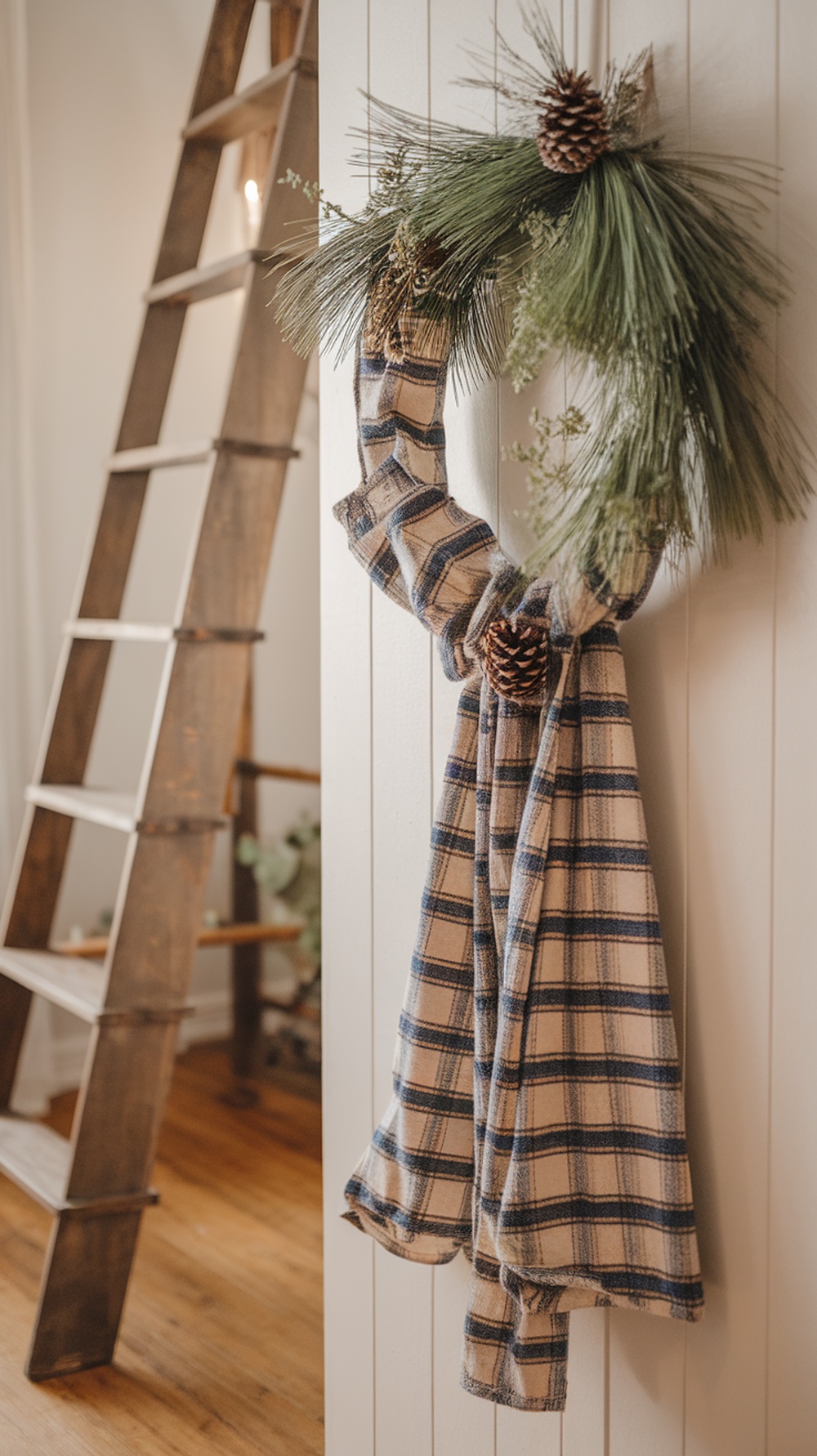 A cozy flannel and pine wreath hanging on a wall, featuring plaid fabric and pine branches with a pinecone.