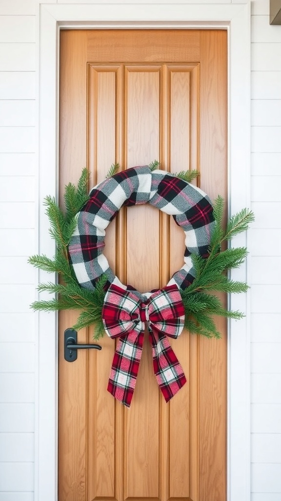 A cozy flannel and pine wreath with a black and white checkered pattern and a red bow, hanging on a wooden front door.