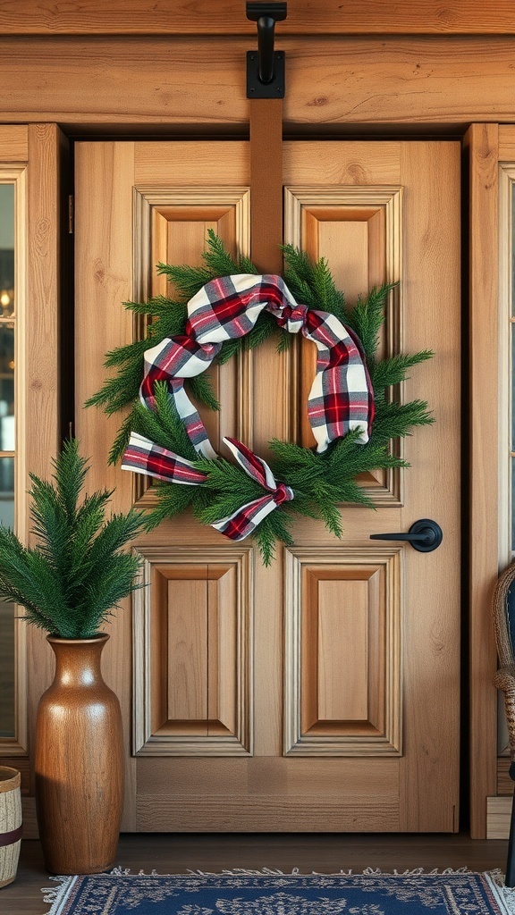 A cozy flannel and pine wreath hanging on a wooden door, with a decorative vase and a rug nearby.