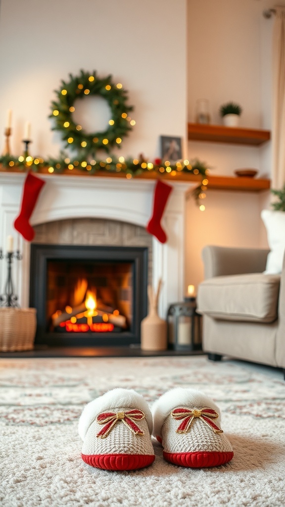 Cozy slippers in front of a festive living room with a fireplace and holiday decorations.