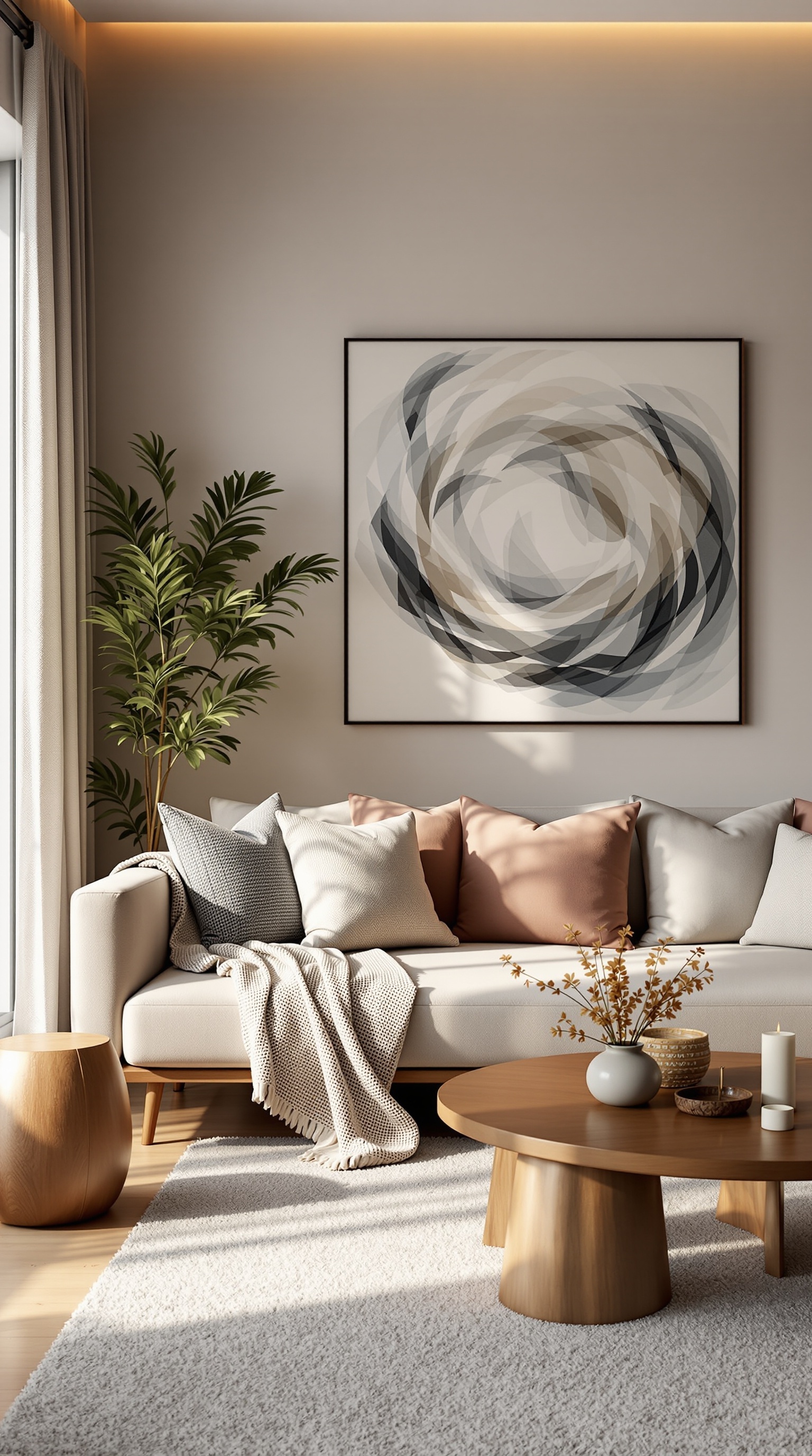 Cozy living room with a soft sofa, decorative pillows, a wooden coffee table, and a plant.