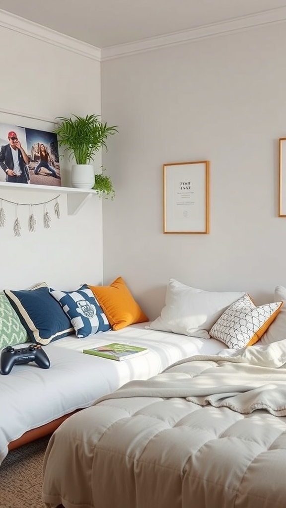 A cozy gaming nook with a bed, colorful pillows, a gaming controller, and wall art.