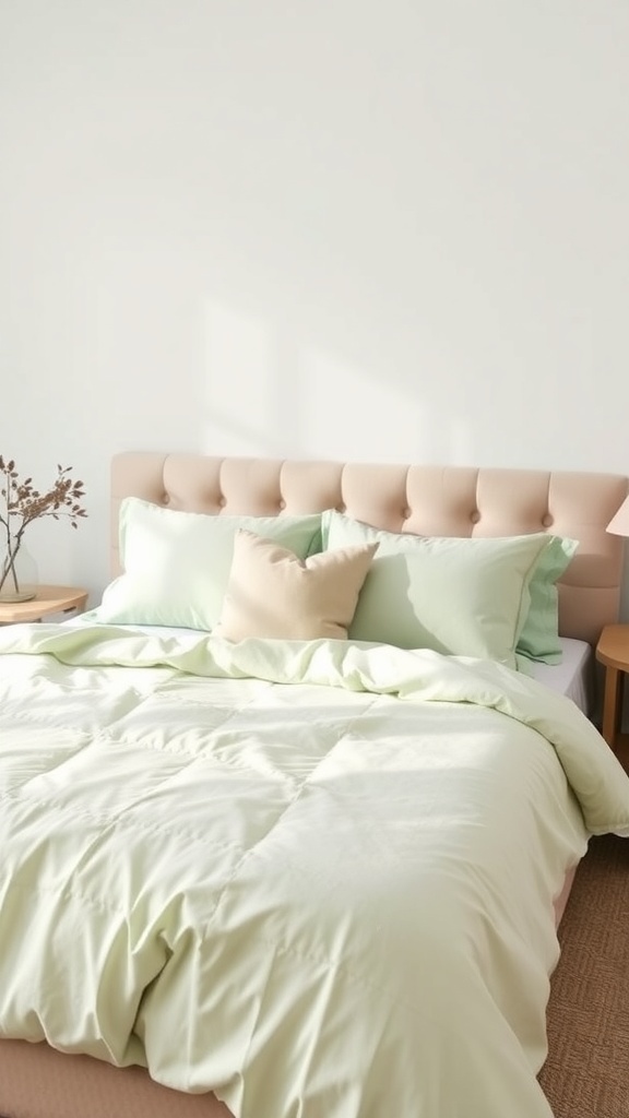 A cozy light green bedroom with soft bedding and a decorative pillow.