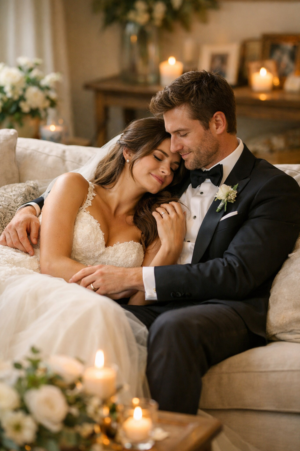 Couple snuggled on a couch, radiating comfort and love in a cozy home setting.