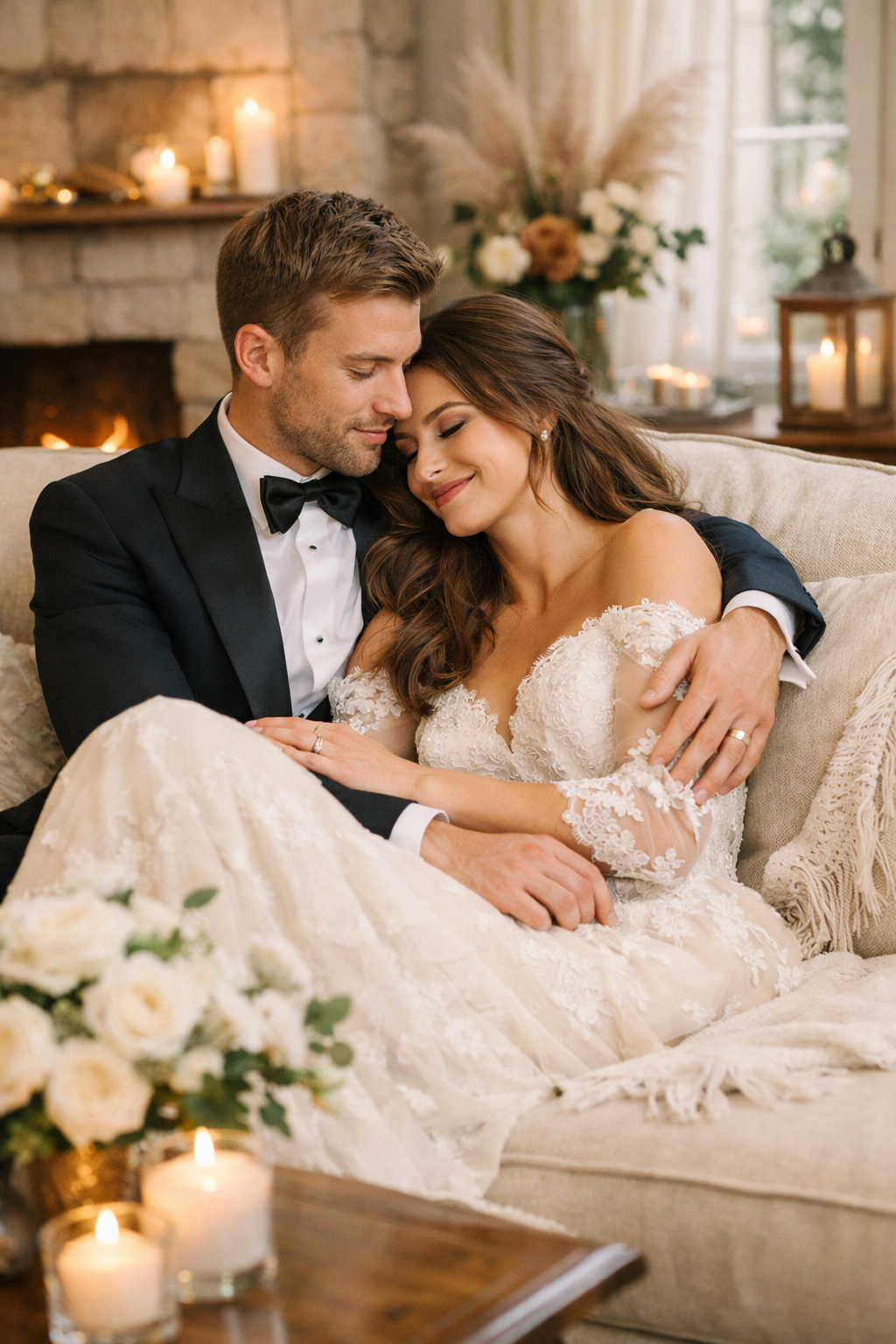 A couple cuddles on a couch in a cozy home setting with candles and flowers around them.