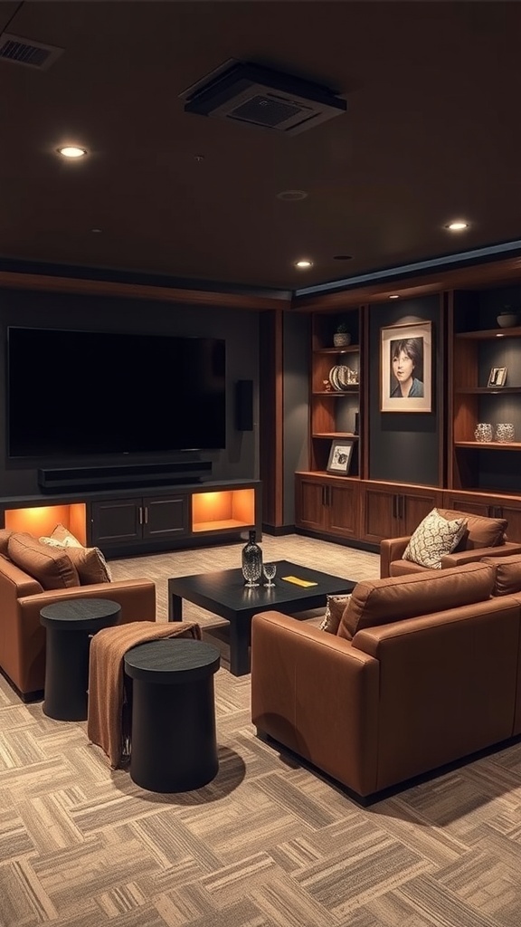 Cozy home theater setup with leather seating and a large screen