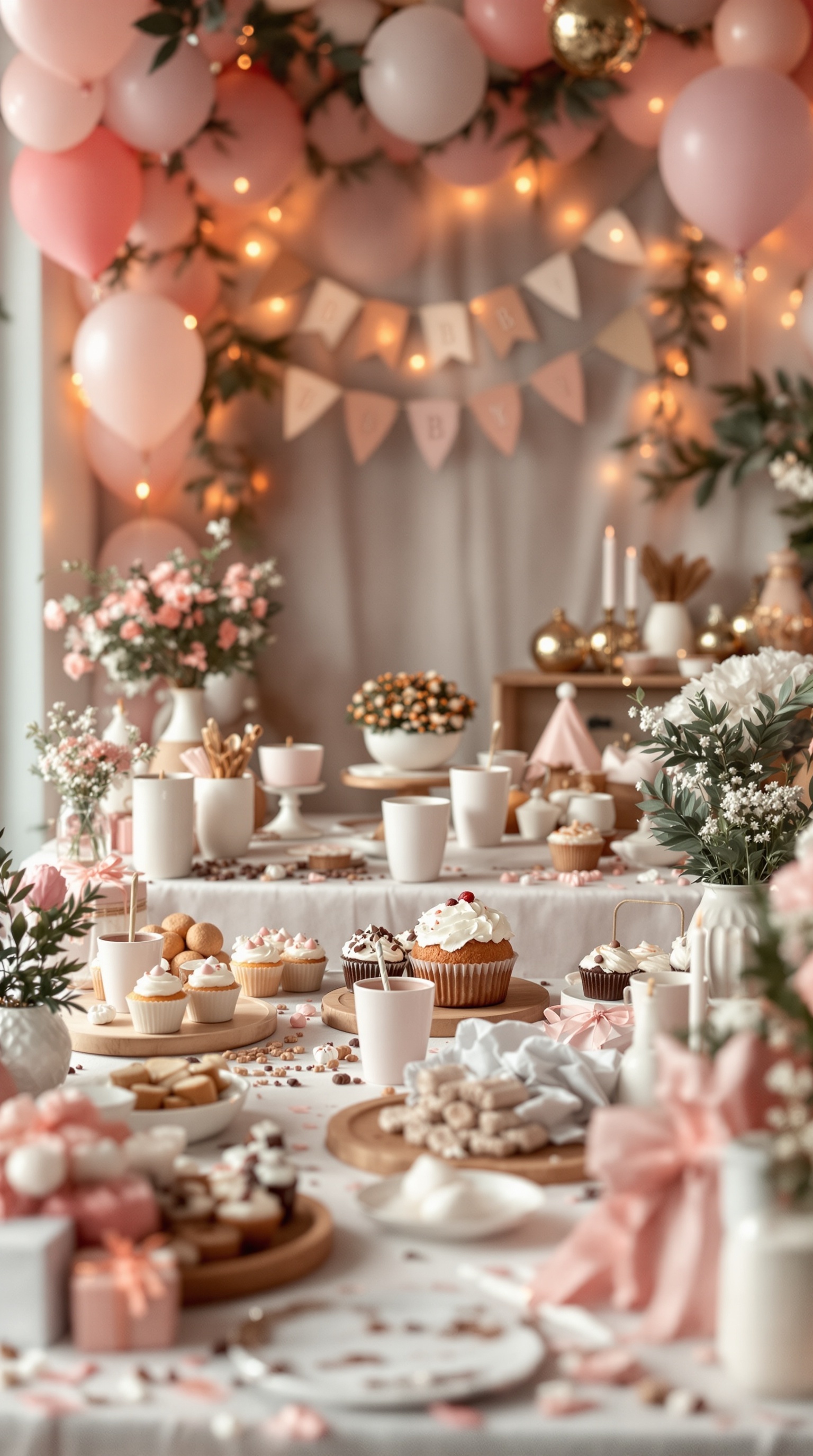 A beautifully arranged table with a variety of desserts and decorations for a baby shower.