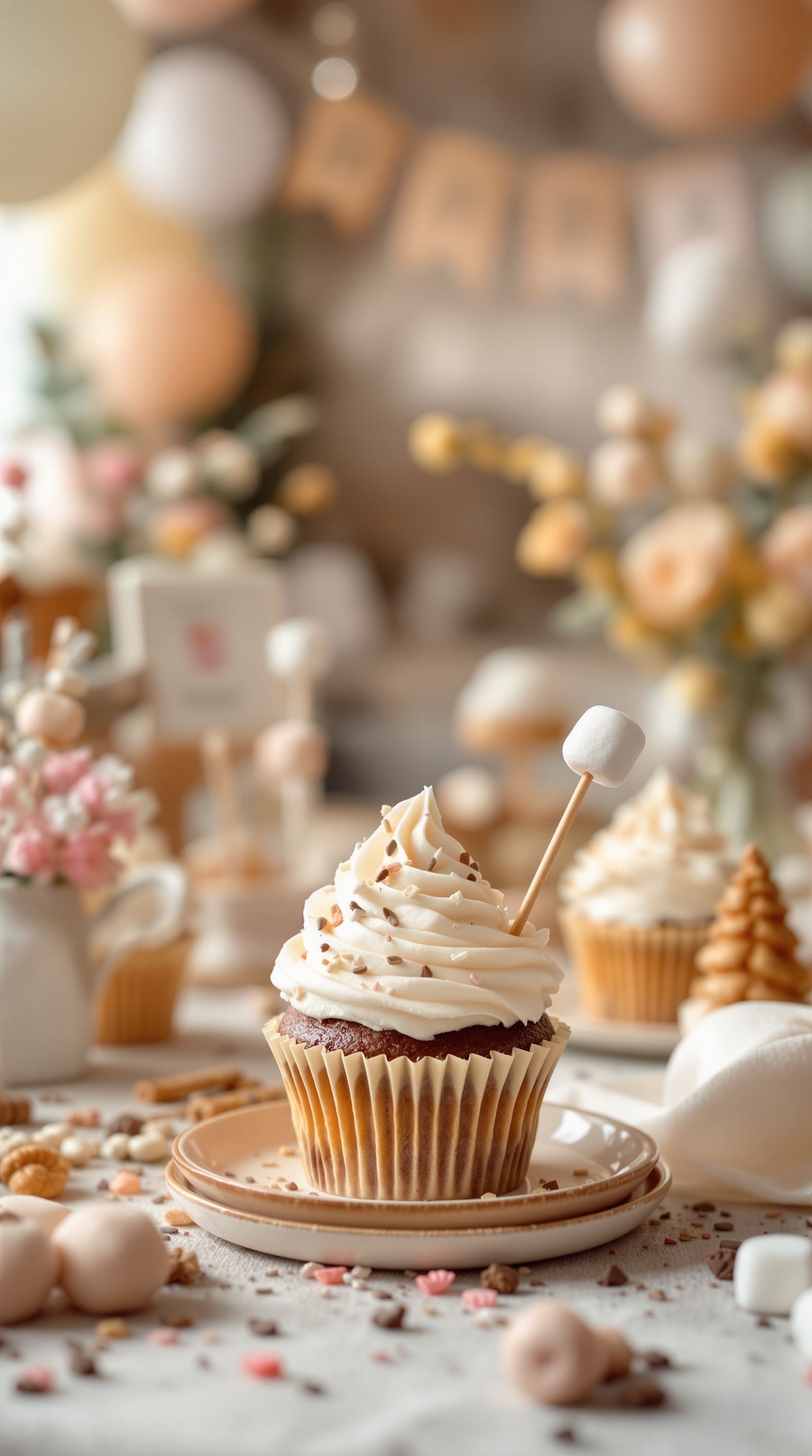 A beautifully decorated cupcake with fluffy frosting, chocolate sprinkles, and a mini marshmallow on top, surrounded by festive decorations.