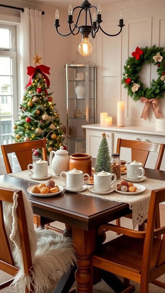A cozy hot cocoa bar setup on a dining table with mugs, cookies, and festive decorations.